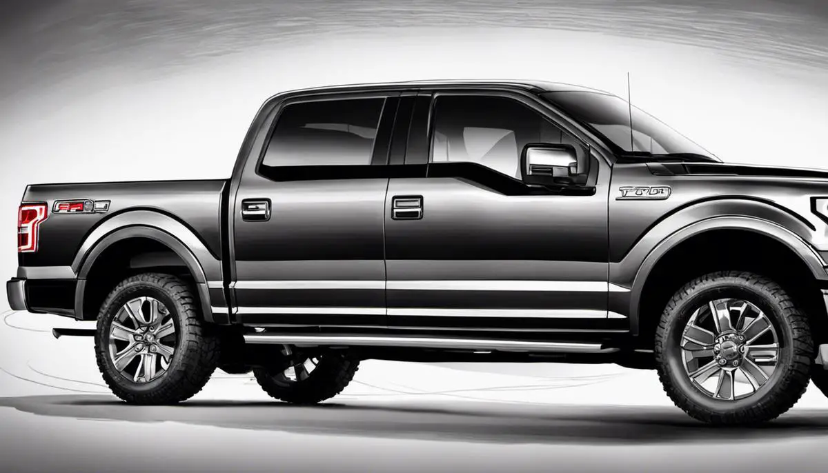 An image of a sketch of a Ford F150, with the outline and details emphasized, giving it a three-dimensional feel.