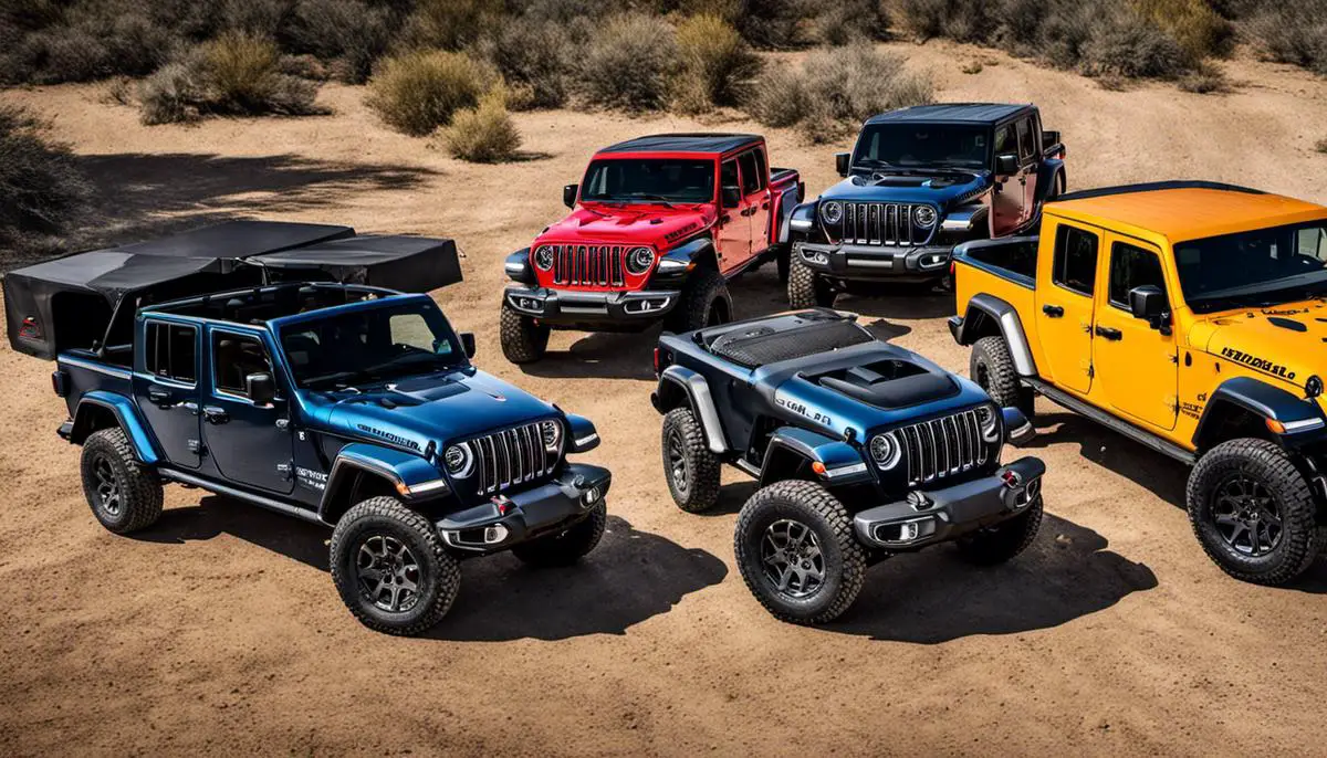 A variety of Jeep Gladiator tailgate accessories laid out on a table.