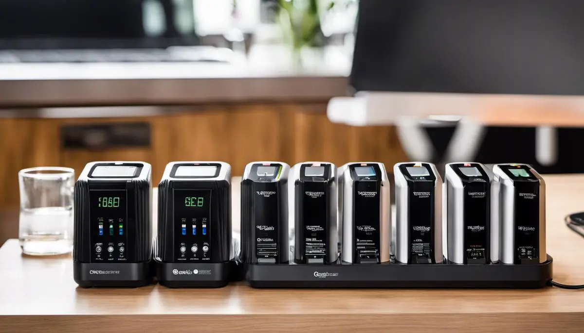 Various smart battery chargers lined up on a desk.