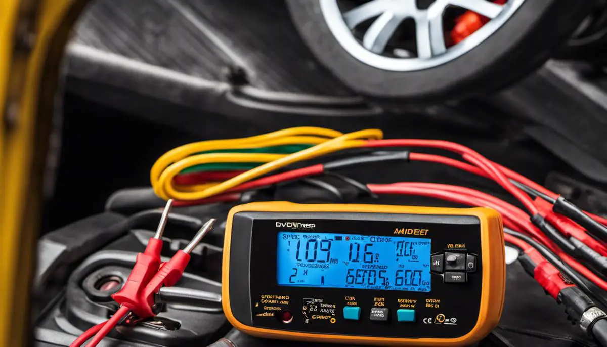 A multimeter displaying car battery voltage measurement.