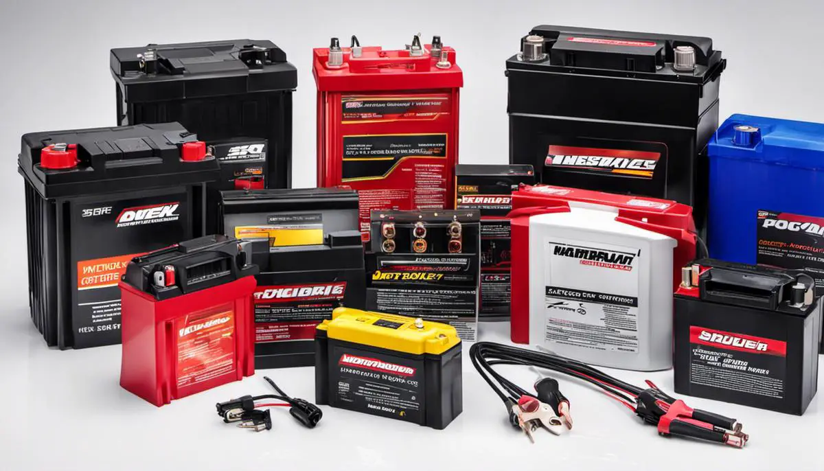 A diverse collection of motorcycle battery maintainers on a white background.