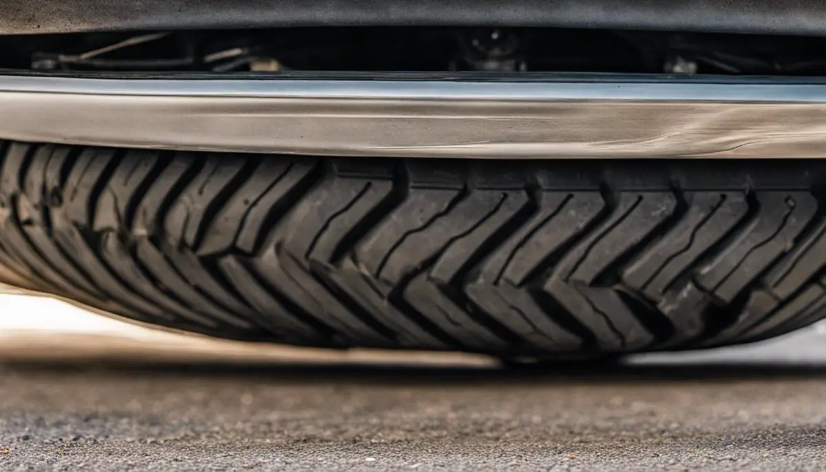A close-up image of a truck tire showing signs of uneven wear, indicating imbalanced wheels