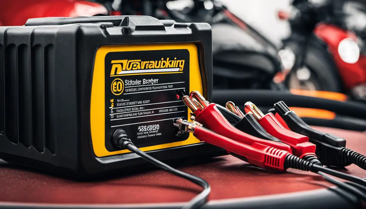 A motorcycle battery and charger with wires connected, representing the topic of motorcycle battery maintenance