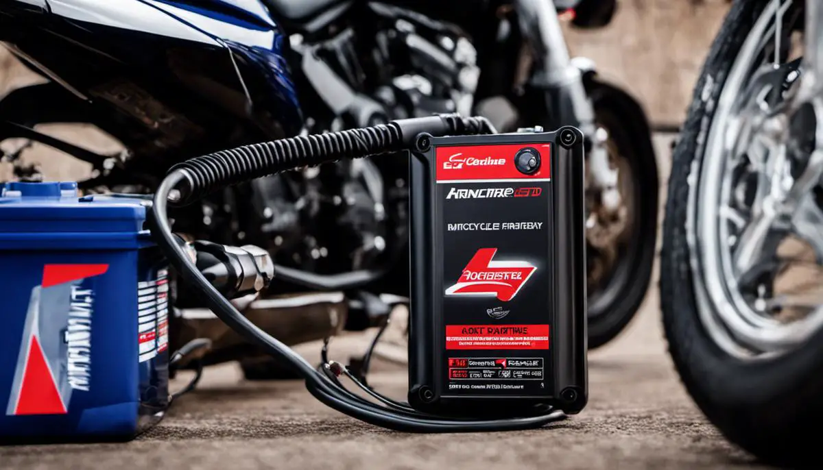A motorcycle battery maintainer connected to a motorcycle battery, ensuring the health and longevity of the battery.