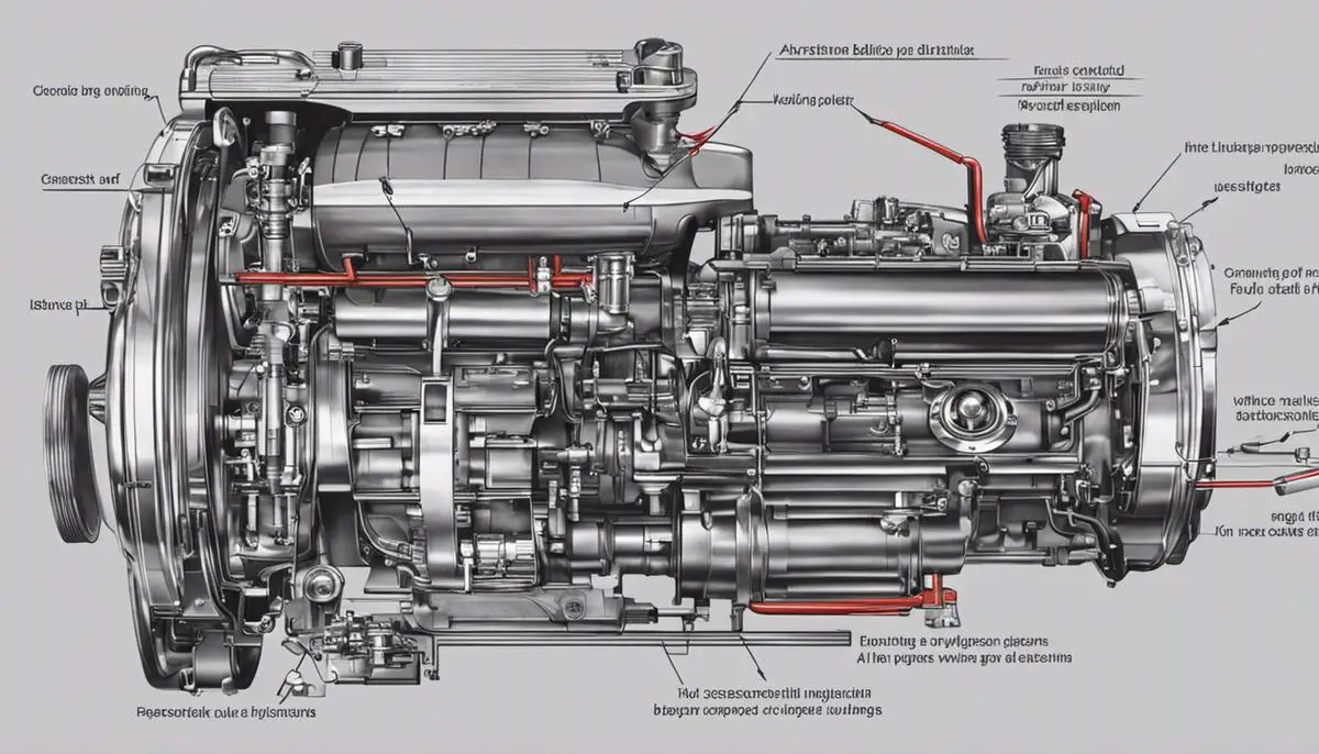 Diagram showing the working principle of a diesel engine, with air being compressed and fuel being injected into the cylinder for ignition.