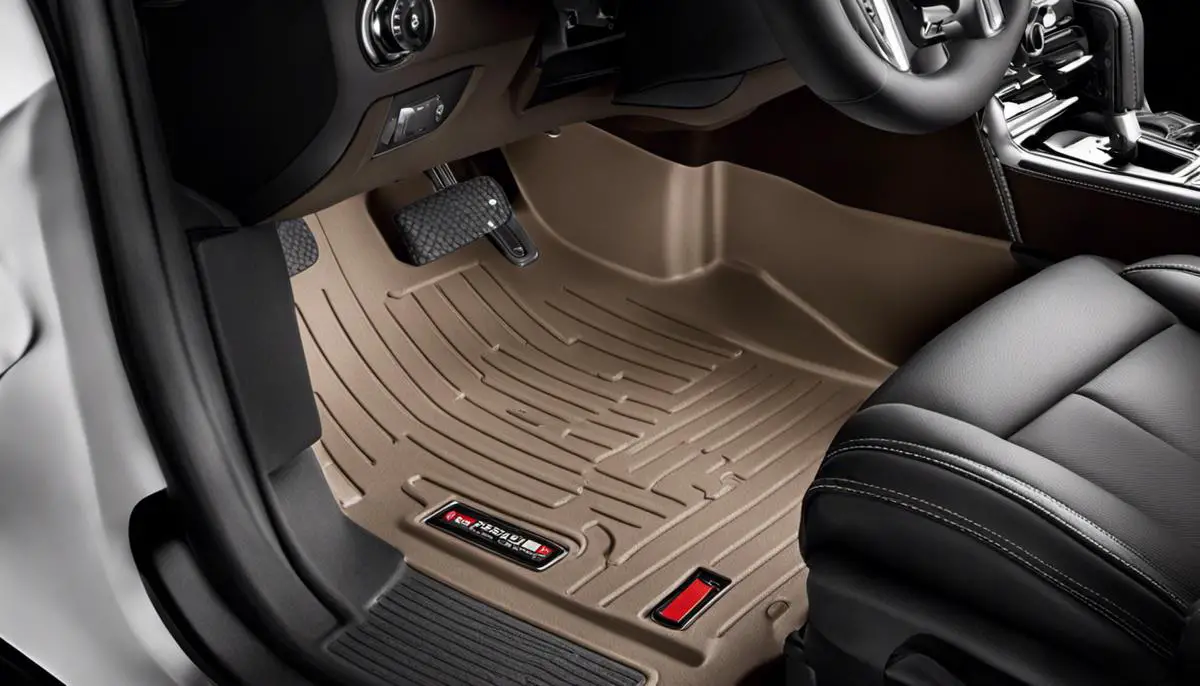 A pair of Weathertech floor liners protecting the interior of a car